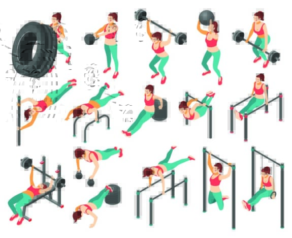 Infographie représentant une femme faisant différents exercices de Crossfit
