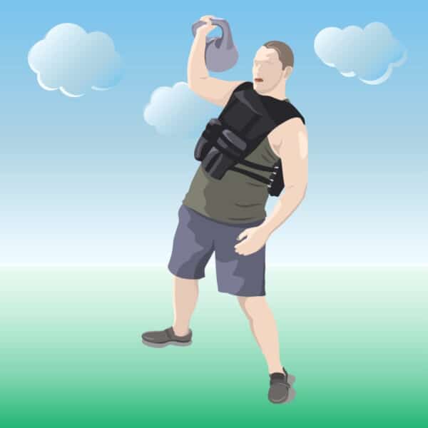 Infographie d'une presse à la kettlbell avec un gilet lesté
